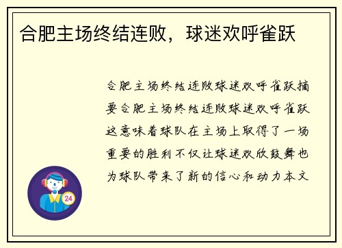 合肥主场终结连败，球迷欢呼雀跃